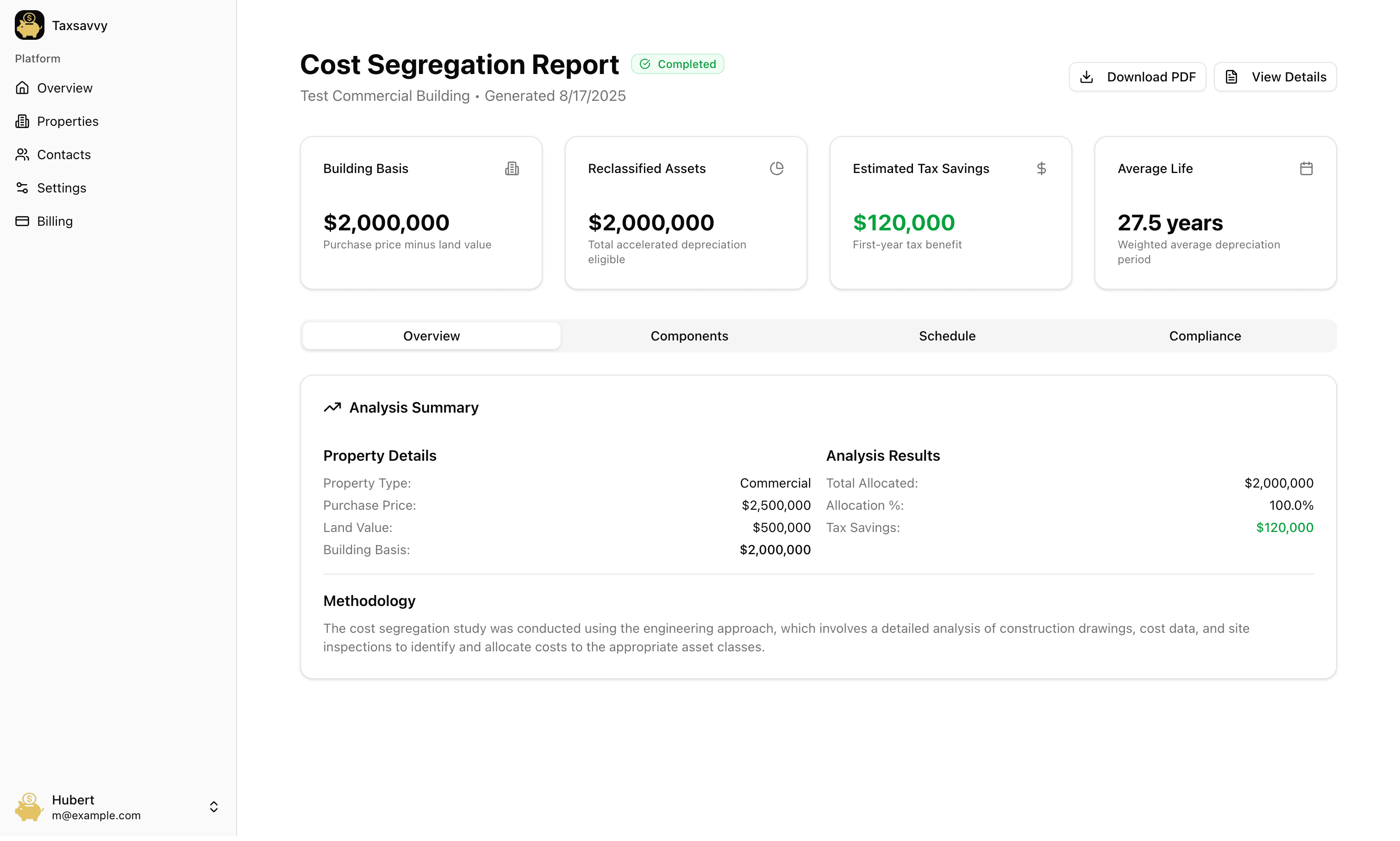 TaxSavvyAI dashboard interface showing cost segregation analysis results in light mode